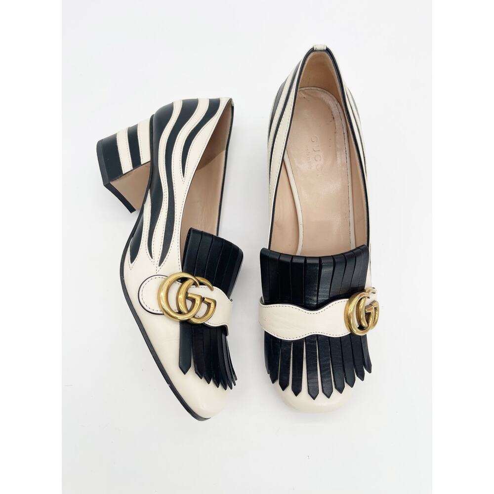 Gucci Marmont Kiltie Zebra Stripe Black White Leather Block Heel Pumps IT 37.5 - Picture 2 of 16